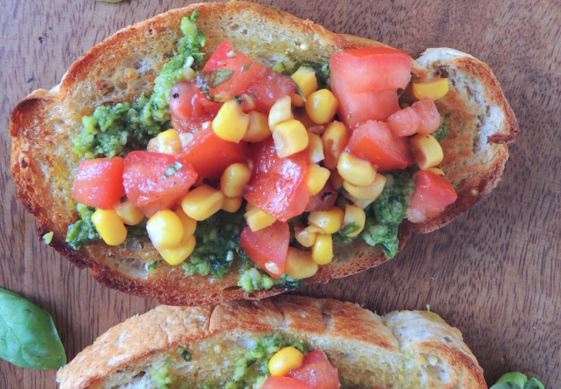 Sweet Corn and Tomato Pesto Bruschetta