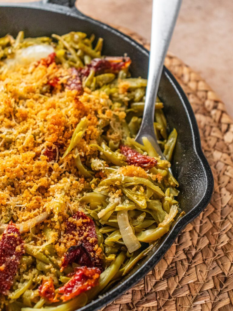 Italian Herbed Green Bean Skillet with Crunchy Crumb Topping