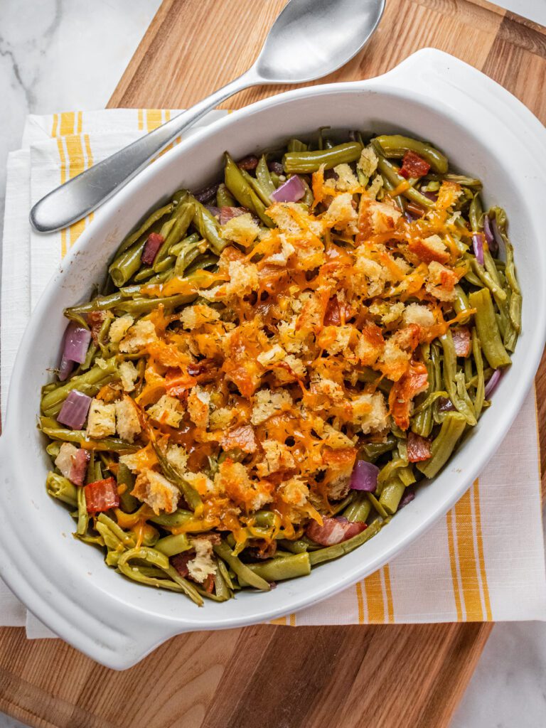 Garlicky Green Bean Casserole with Bacon & Toasted Cheese Crumbs